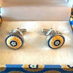 Vera Bradley silver cuff links, yellow & blue floral on fabric. New in box.